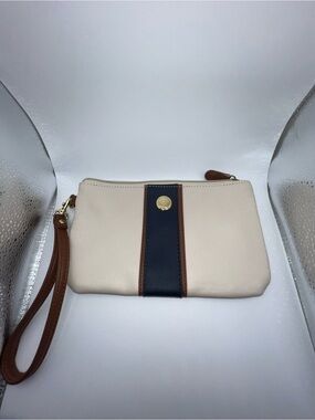 Stone & Co. Cream Wristlet with Navy Center Stripe and Brown Trim